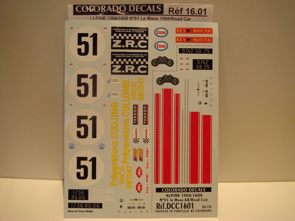 DECALS 1/16 ALPINE 1300/1600 version CIVILE + #51 LE MANS 1968 - COLORADO 1601