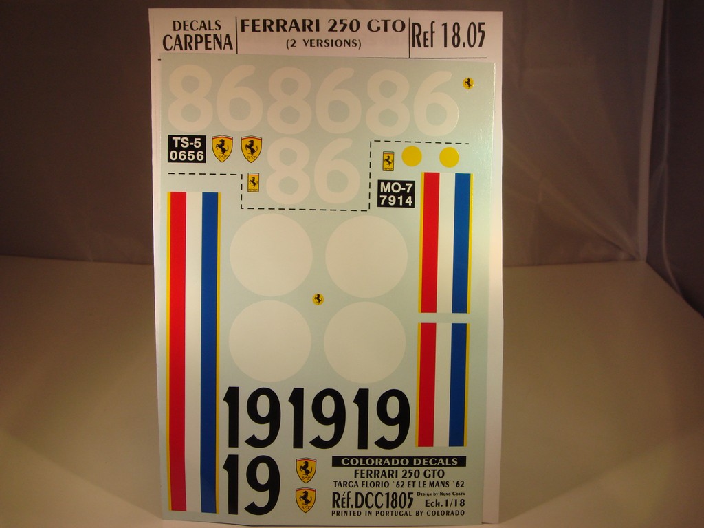 DECALS 1/18 FERRARI 250 GTO #19 LE MANS 1962 / #86 TARGA FLORIO 1962 - COLORADO 1805