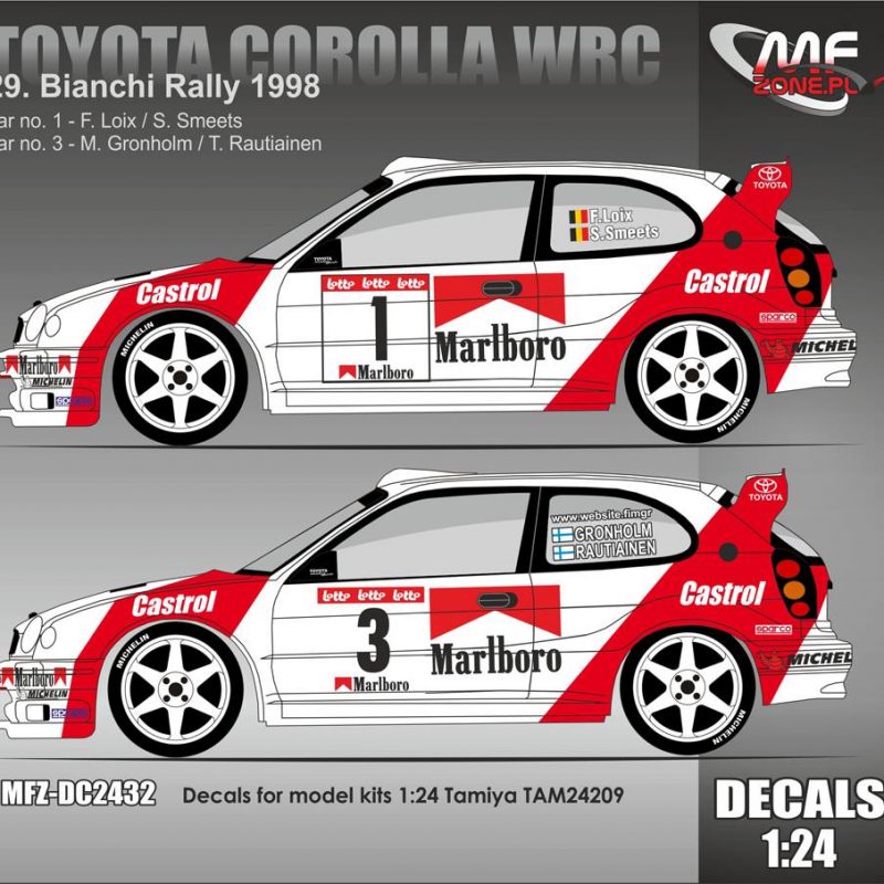 DECALS 1/24 TOYOTA COROLLA WRC - #1 OU #3 - LOIX - RALLYE BIANCHI 1998 - DC2432