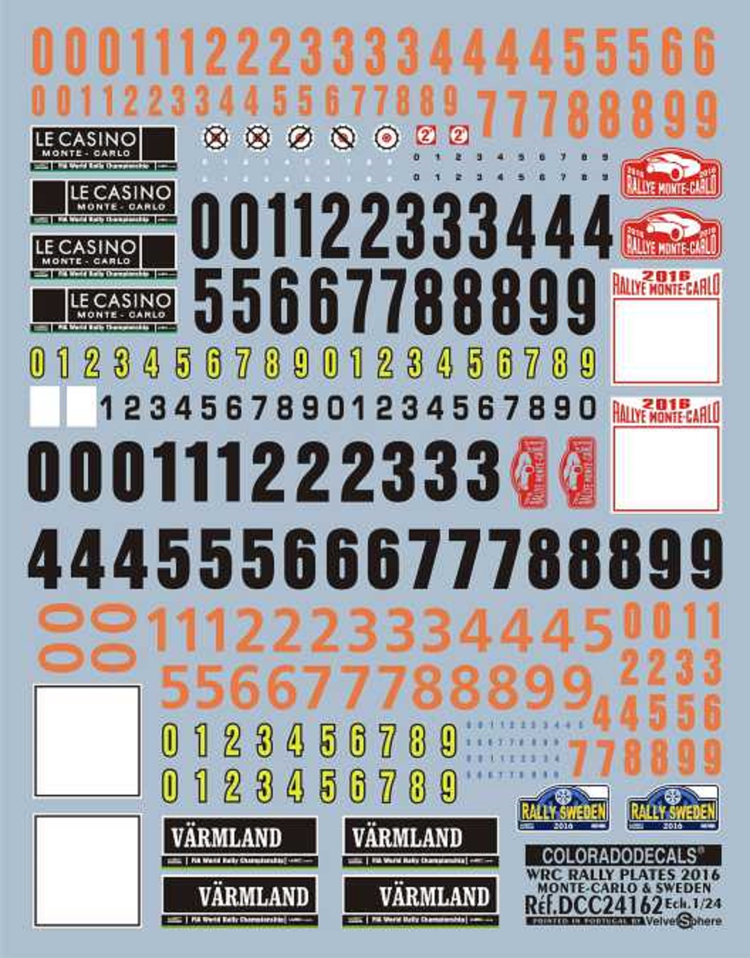 DECALS 1/24 PLAQUES RALLYE WRC 2016 - RALLYE MONTE CARLO / SUEDE - COLORADO 24162