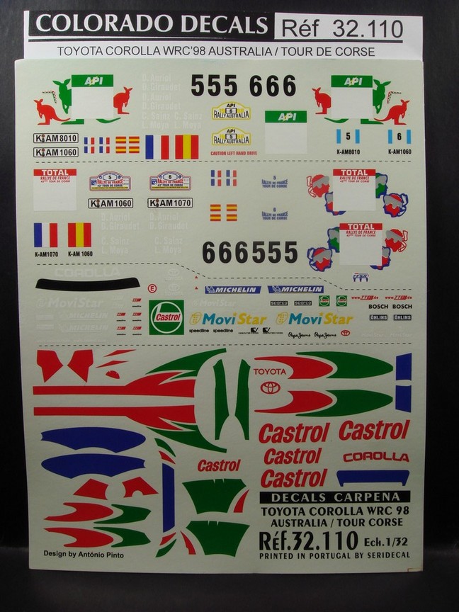 DECALS 1/32 TOYOTA COROLLA WRC RALLYE AUSTRALIE / TOUR DE CORSE 1998 - CARPENA 32110
