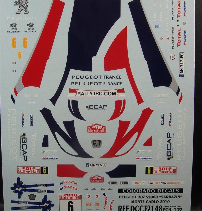 DECALS 1/32 PEUGEOT 207 S2000 – #6 – SARRAZIN – MONTE CARLO 2010 – COLORADO 32148