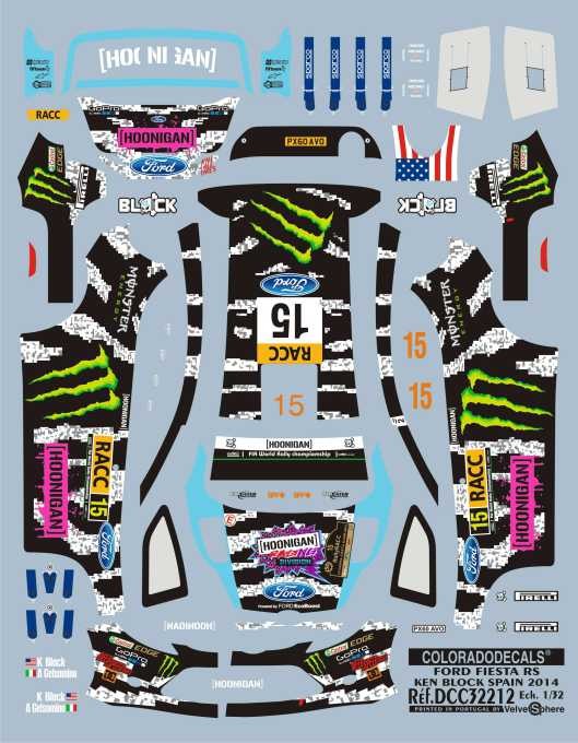 DECALS 1/32 FORD FIESTA RS – #15 – KEN BLOCK – RALLYE RACC 2014 – COLORADO 32212