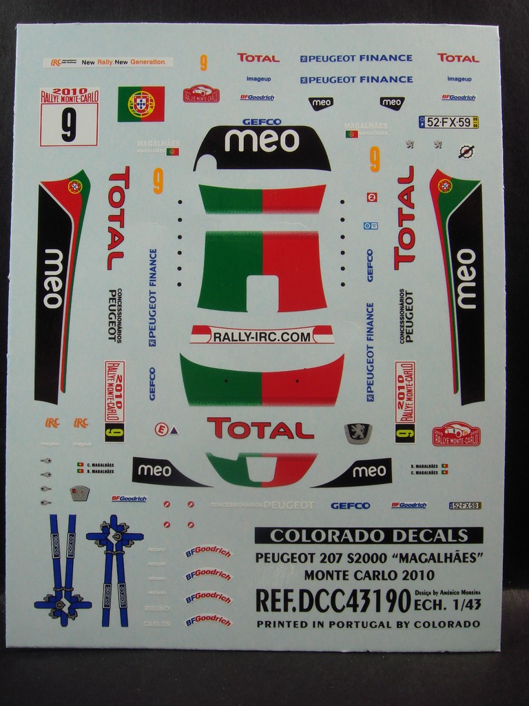 DECALS 1/43 PEUGEOT 207 S2000 – #9 – MAGALHAES – MONTE CARLO 2010 – COLORADO 43190