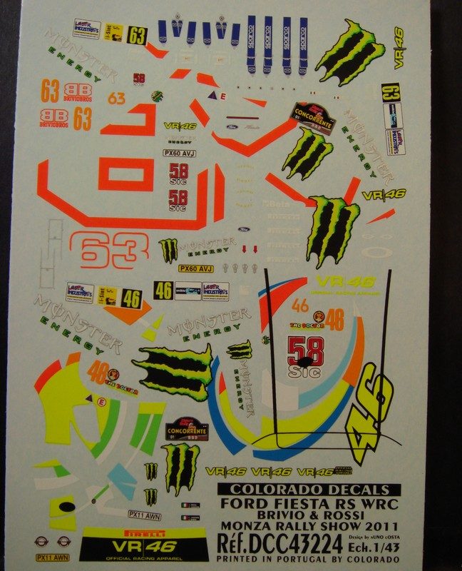 DECALS 1/43 FORD FIESTA RS WRC – #46 – V.ROSSI – MONZA RALLY SHOW 2011 – COLORADO 43224