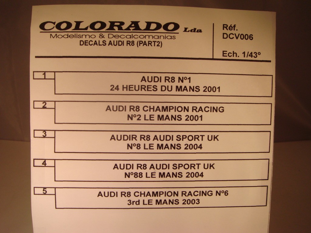 DIVERS DECALS 1/43 AUDI R8 LE MANS Part 2 - COLORADO DCV006 – Image 2
