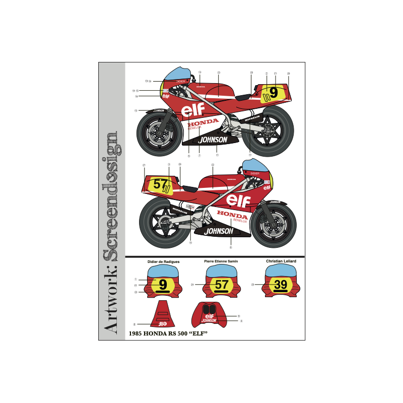 DECALS 1/12 HONDA RS 500 "ELF" 1985 - #9 DE RADIGUES / #57 SAMIN / #39 LIELARD - SD-001 – Image 2
